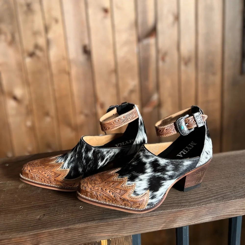 New Hand-Tooled Leather  strap Genuine Hide-On Women Bootie Boot Boho Western - Picture 4 of 11